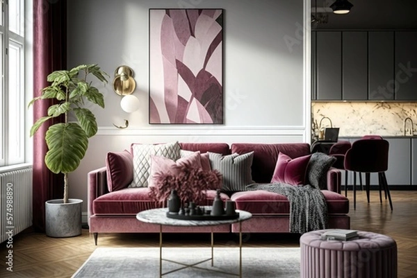Fototapeta Modern living room with confortable burgundy sofa. Interior design. Generative AI