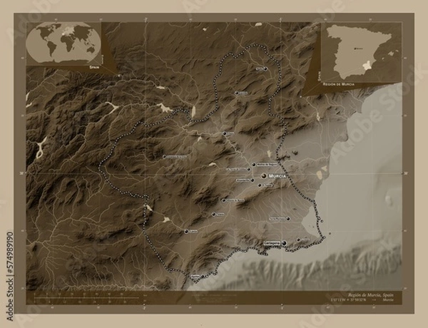 Obraz Region de Murcia, Spain. Sepia. Labelled points of cities
