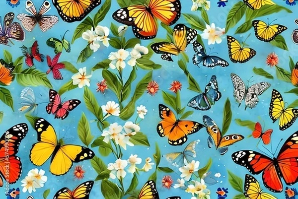 Fototapeta vintage nature seamless texture with birds and butterflies. watercolor painting. Generative AI