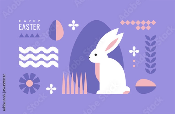 Fototapeta Easter horizontal background with bunny, eggs and abstract geometric shapes.