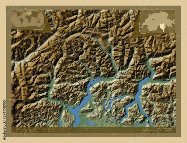 Obraz Ticino, Switzerland. Physical. Labelled points of cities