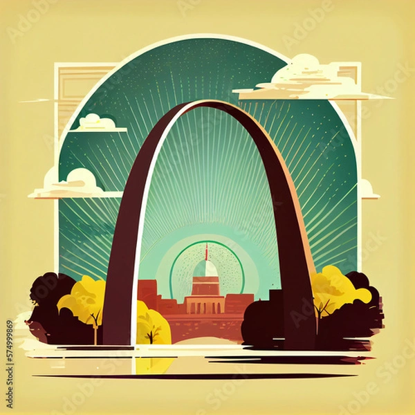 Fototapeta view of The Gateway Arch, cartoon style, flat design, generative ai