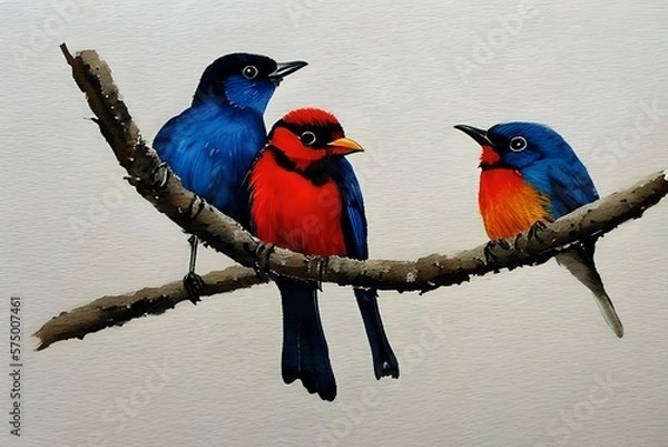 Fototapeta Watercolor painting. Two small birds on a branch on a white background. Generative AI