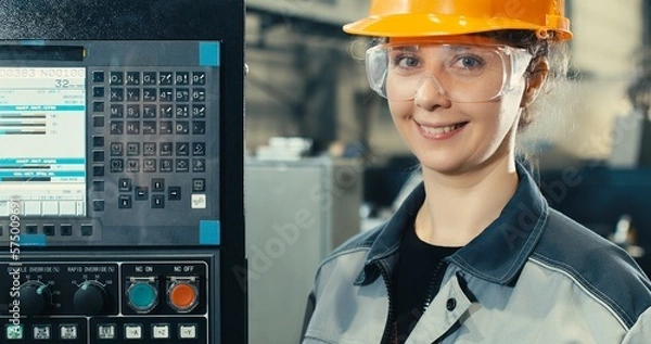 Fototapeta Process engineer woman in helmet, goggles, pointing and touching dashboard buttons at manufacturing factory, young beautiful woman working in industry
