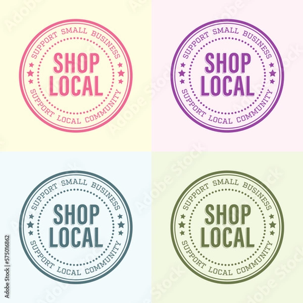 Fototapeta Shop local, buy local. Shop small business concept. Support local community. Set of four icon doodle badges, icon. Flat vector illustrations Bright colors