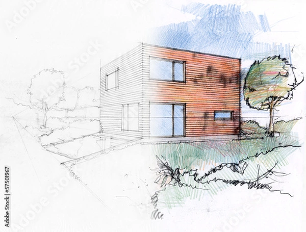 Fototapeta Illustration of a design process by a sketch of a private house