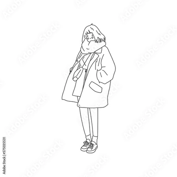 Fototapeta a girl with a square in fashionable clothes - in a kurta, in a scarf, in a skirt, in sneakers.  line style