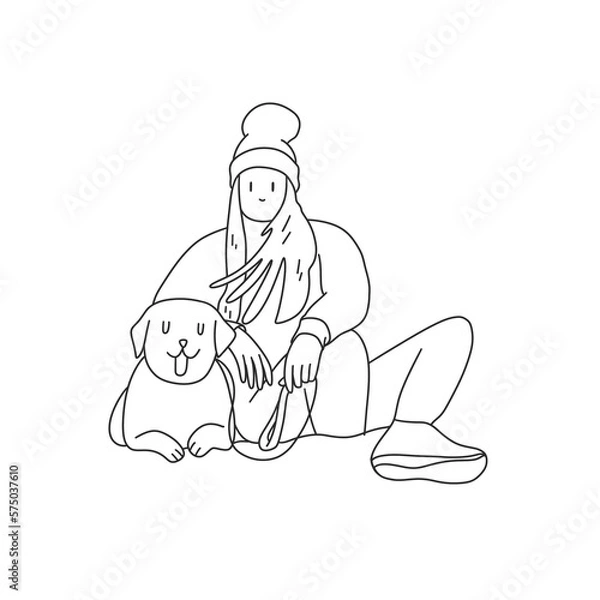 Obraz a girl in a jacket and a hat sits next to a smiling labrador dog