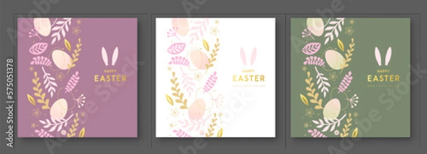 Fototapeta Set of Happy Easter greeting cards with Easter eggs and floral decorative elements. Flat style. Set of Modern Easter covers. Vector illustration