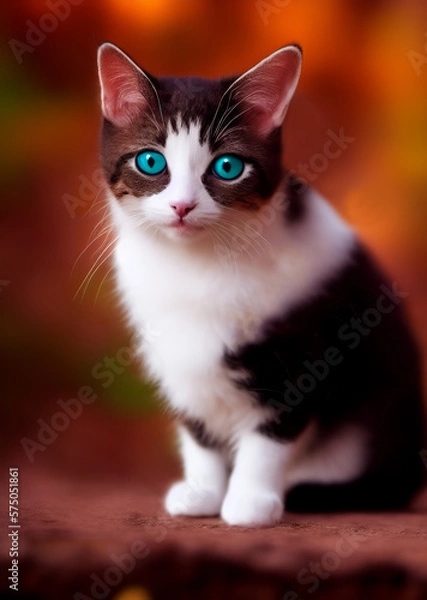 Fototapeta White cat with blue eyes on a chair with a brown background