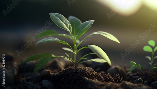 Fototapeta green sprout of a plant growing out of the ground under the bright rays of the sun