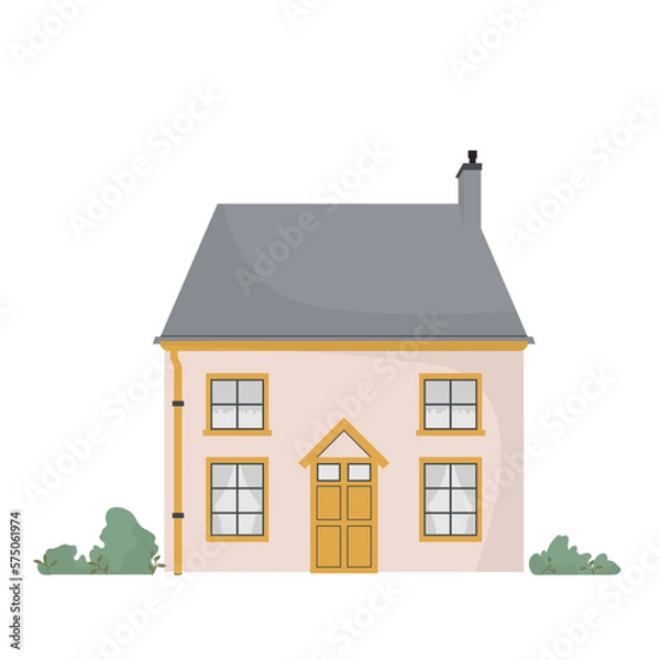 Fototapeta Flat vector illustration of European house, cottage with chimney and bushes,
windows, doors. The exterior of the building on an isolated white background in a minimalist style.