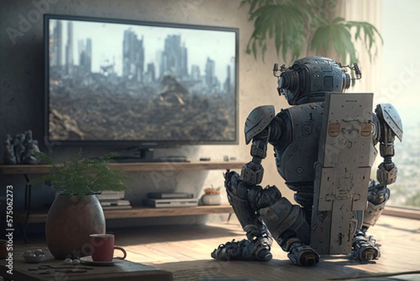 Obraz Robot watching TV, made with Generative AI