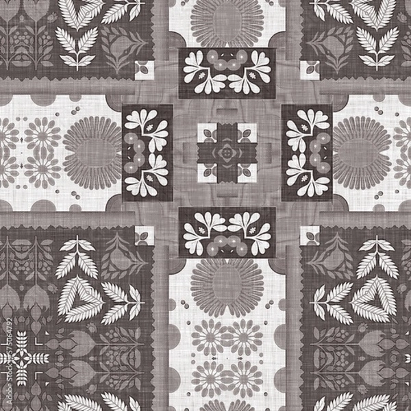 Fototapeta Country cottage grey intricate damask seamless pattern. 2 Tone french style background. Simple rustic fabric textile for shabby chic patchwork. 