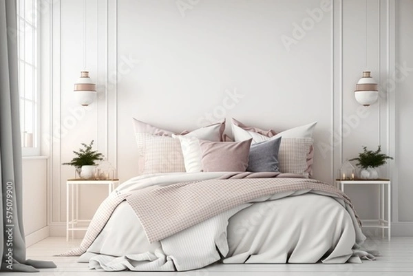 Fototapeta Sweet Dreams: A Minimalist and Comfortable Bedroom Oasis Cozy Bedroom for a Lazy Sunday Morning. Generative AI