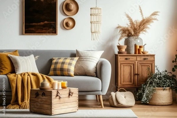 Fototapeta  Boho Living Room Interior with a Gray Sofa, Wooden Coffee Table, and Personal Accessories in Nature-Inspired Colors and Patterns. Generative AI