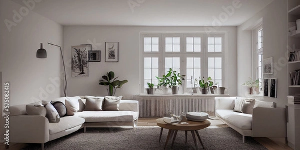Obraz Stylish scandinavian living room with design mint sofa, furnitures, mock up poster map, plants and elegant personal accessories. Modern home decor. Bright and sunny room. Generative AI illustration.