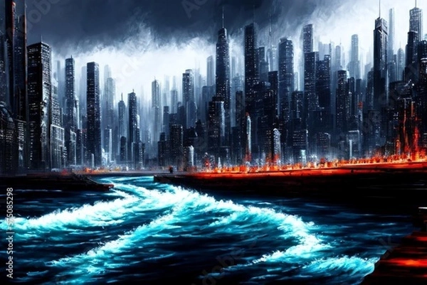 Fototapeta city scape with a river flowing in front of it