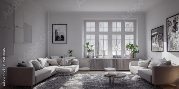 Obraz Stylish scandinavian living room with design mint sofa, furnitures, mock up poster map, plants and elegant personal accessories. Modern home decor. Bright and sunny room. Generative AI illustration.