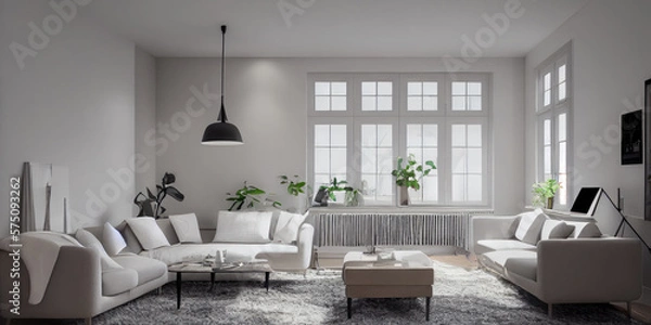 Fototapeta Stylish scandinavian living room with design mint sofa, furnitures, mock up poster map, plants and elegant personal accessories. Modern home decor. Bright and sunny room. Generative AI illustration.