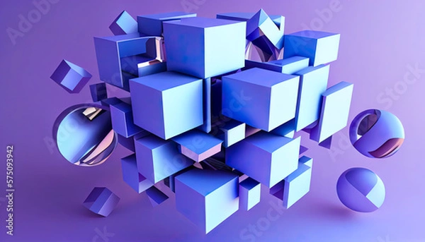 Fototapeta Generative Illustration AI of Abstract 3d render, purple and blue geometric design