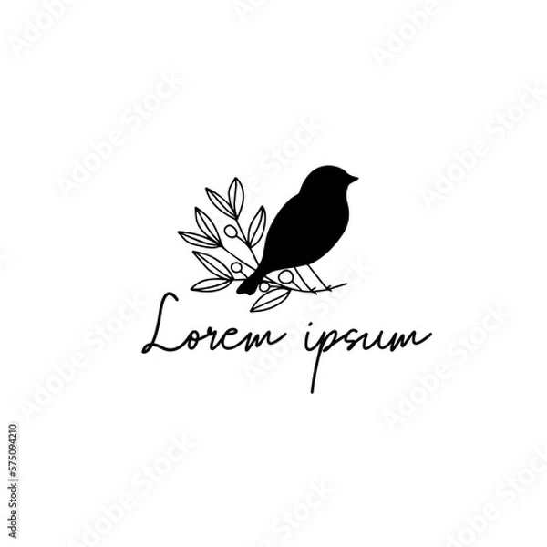 Obraz Line drawing hummingbird tattoo logo. Vector illustration. Free single line drawing. Outline drawing of bird silhouette in branch leaves, one line continuous art. Hummingbird outline drawn.