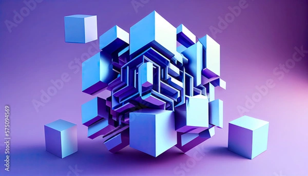 Fototapeta Generative Illustration AI of Abstract 3d render, purple and blue geometric design