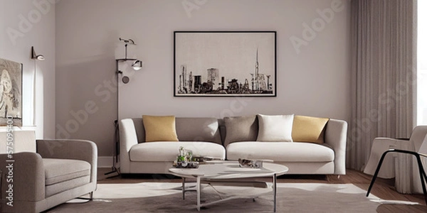 Fototapeta Stylish scandinavian living room with design mint sofa, furnitures, mock up poster map, plants and elegant personal accessories. Modern home decor. Bright and sunny room. Generative AI illustration.