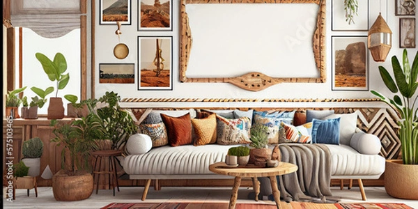 Fototapeta Stylish scandinavian living room with design mint sofa, furnitures, mock up poster map, plants and elegant personal accessories. Modern home decor. Bright and sunny room. Generative AI illustration.