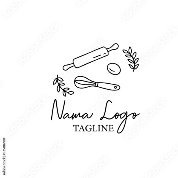 Obraz Bakery tools icon line element. Doodle illustration of whisk, roll pin and egg. Cute and drawn vector graphic. Perfect for logo or banner