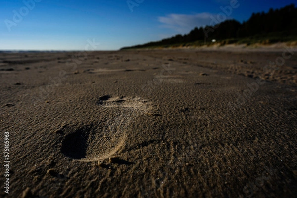 Fototapeta A lonely human footprint in beach sand on a calm and windless evening