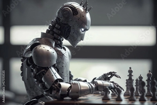 Obraz Adorable humanoid robot plays chess. Generative AI