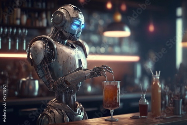 Obraz Adorable humanoid robot work like barman. Generative AI.