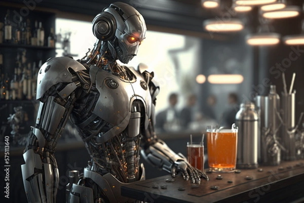 Obraz Adorable humanoid robot work like barman. Generative AI.