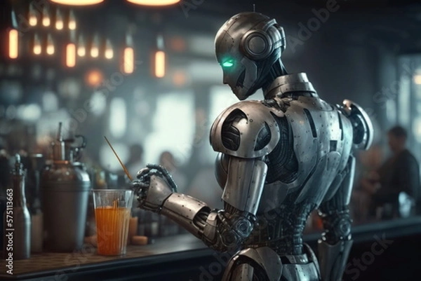 Obraz Adorable humanoid robot work like barman. Generative AI.