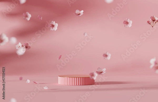 Fototapeta 3D background, pink podium display. Sakura pink flower falling. Cosmetic or beauty product promotion step floral, pastel pedestal. Abstract minimal advertise. 3D render copy space spring mockup.