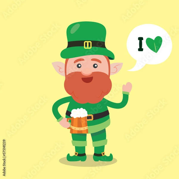 Fototapeta Leprechaun with mug if it's beer. Saint Patrick's Day symbol. Vector illustration.Isolated on white background.