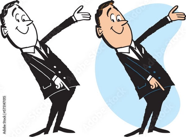 Obraz A vintage retro cartoon of a businessman pointing and gesturing to the right. 