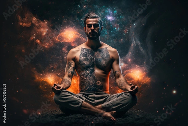 Fototapeta Man sitting in yoga lotus pose and his connection to space. Generative AI