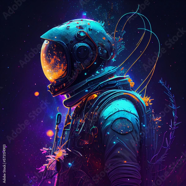 Fototapeta cybernetic cyberpunk astronaut, adorned with detailed bioluminescent designs, floating in the vast expanse of outer space, surrounded by many glowing and twinkling stars.