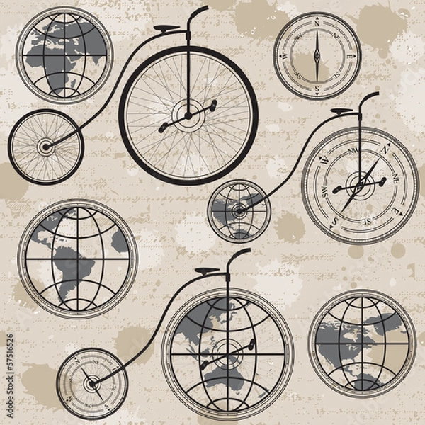 Fototapeta Travel concept with retro bicycle, globe and compass, seamless