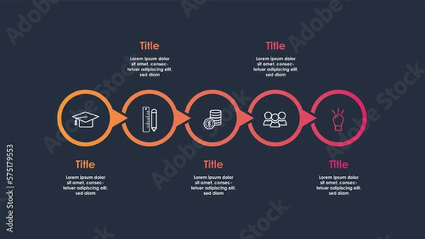 Obraz Business infographic process with circle template design with icons and 5 options or steps. Professional infographic or info chart template isolated on white background with red and orange colour