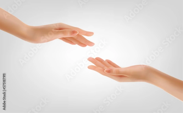 Fototapeta Two hands touching People helping each other with their fingertips. Giving a helping hand concept. Concept of human relation, community, togetherness, teamwork. Vector