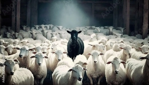 Fototapeta illustration of a black sheep on a background of white sheep leadership concept, generative AI