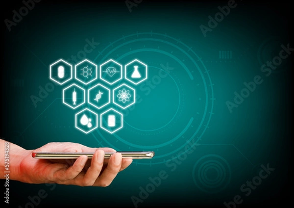 Fototapeta Telemedicine, medical technology, online healthcare concept. Hand holding smartphone or tablet with health icon on virtual screen on blue background. Copy space for text.