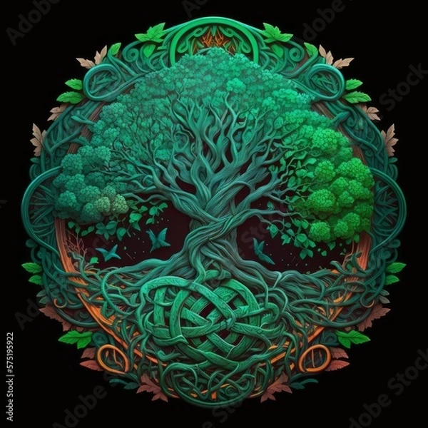 Fototapeta Celtic Tree of Life and Death Symbol in Vivid Emerald Colors, generative ai