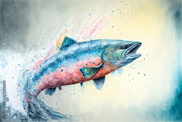 Obraz Salmon fish jumping and splashing in water. Generative AI