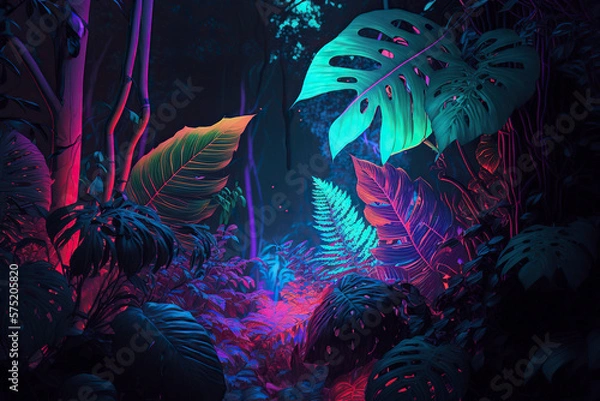 Fototapeta Jungle in neon colors. Generative AI.