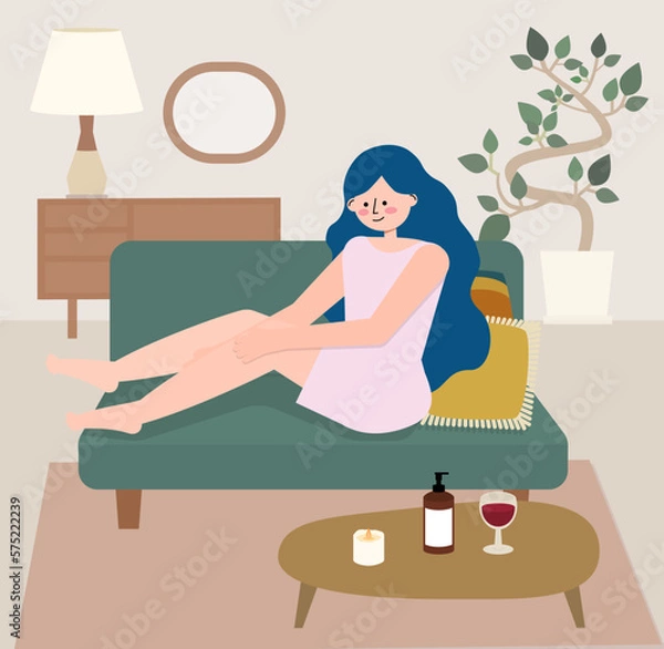 Obraz ソファの上でリラックスしながらボディクリームで体を保湿している女性のイラスト