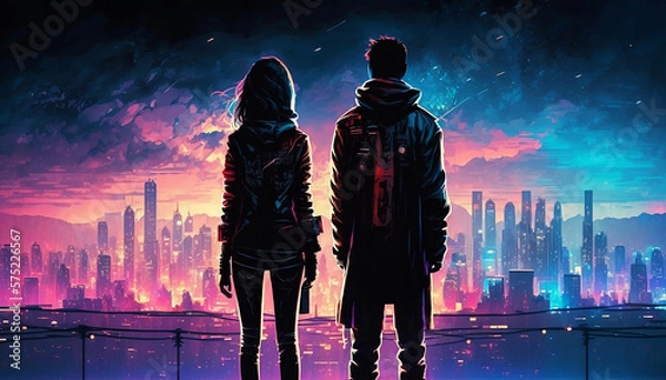 Obraz Couple in the night city. Ai generated